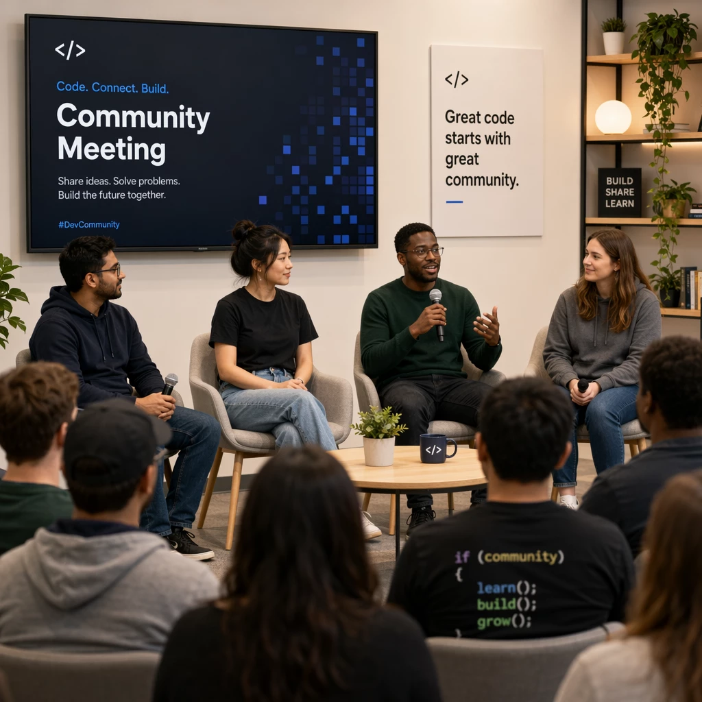 A professional group of developers engaging in a community meeting with a clean, modern aesthetic background. A professional group of developers engaging in a community meeting with a clean, modern aesthetic background.