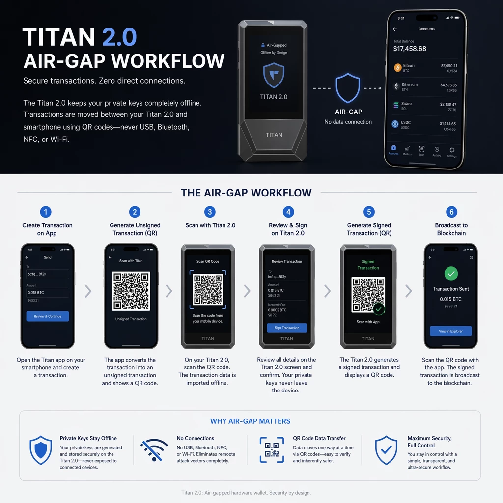 A professional infographic demonstrating the air-gap workflow between the Titan 2.0 and a smartphone. A professional infographic demonstrating the air-gap workflow between the Titan 2.0 and a smartphone.