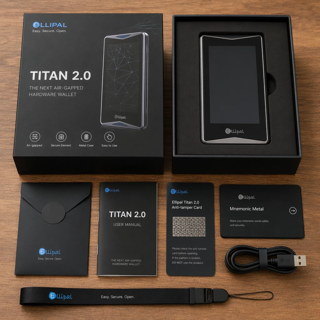 High-resolution photo showing the pristine packaging and contents of the ELLIPAL Titan 2.0 unboxing kit. High-resolution photo showing the pristine packaging and contents of the ELLIPAL Titan 2.0 unboxing kit.