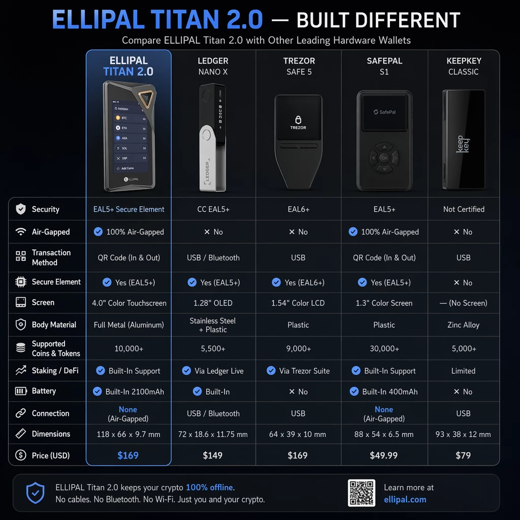 A comparison graphic showing the ELLIPAL Titan 2.0 alongside other common hardware wallets. A comparison graphic showing the ELLIPAL Titan 2.0 alongside other common hardware wallets.