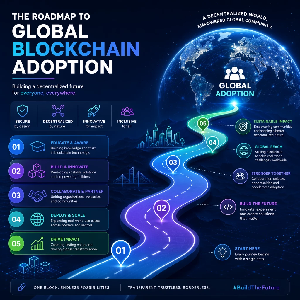 A bright, modern digital marketing graphic visualizing a roadmap toward global blockchain adoption. A bright, modern digital marketing graphic visualizing a roadmap toward global blockchain adoption.