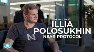 portrait of Illia Polosukhin presented alongside a futuristic blue and purple abstract digital network diagram. near protocol portrait of Illia Polosukhin presented alongside a futuristic blue and purple abstract digital network diagram. near protocol