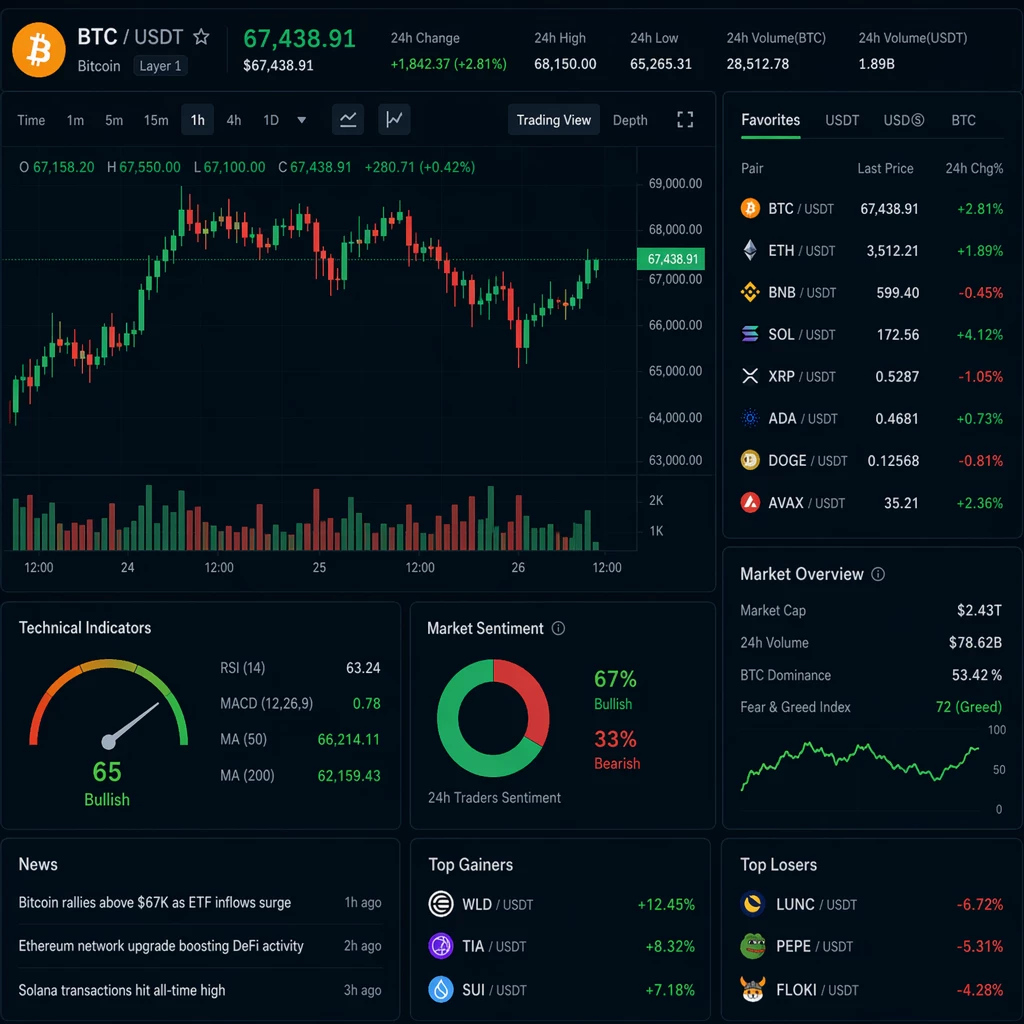 Close-up of a digital dashboard displaying fluctuating cryptocurrency price charts and market trend indicators for traders. Close-up of a digital dashboard displaying fluctuating cryptocurrency price charts and market trend indicators for traders.