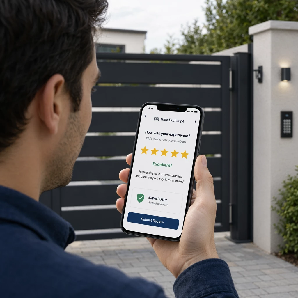 A person looking at a star-rated review screen on a smartphone, indicating a positive evaluation and expert user approval. A person looking at a star-rated review screen on a smartphone, indicating a positive evaluation and expert user approval.
