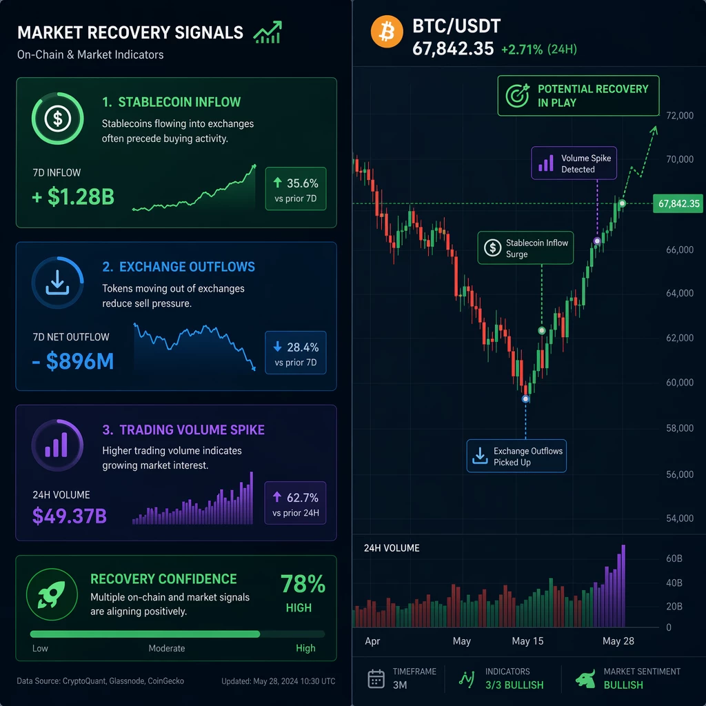 A split-screen graphic displaying indicators like stablecoin inflow, exchange outflows, and trading volume spikes marking potential recovery A split-screen graphic displaying indicators like stablecoin inflow, exchange outflows, and trading volume spikes marking potential recovery