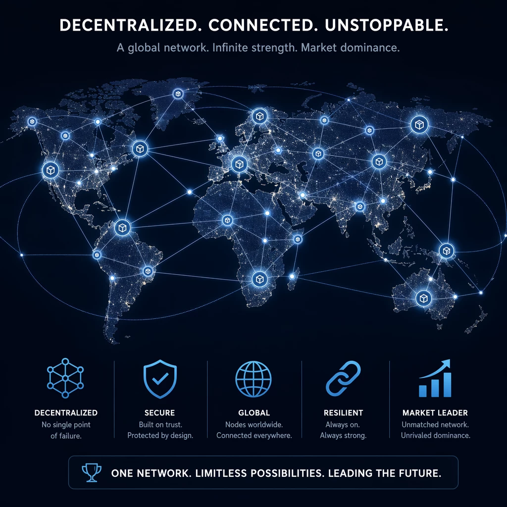 A professional diagram illustrating a decentralized node network connected globally, signifying network strength and market dominance. A professional diagram illustrating a decentralized node network connected globally, signifying network strength and market dominance.
