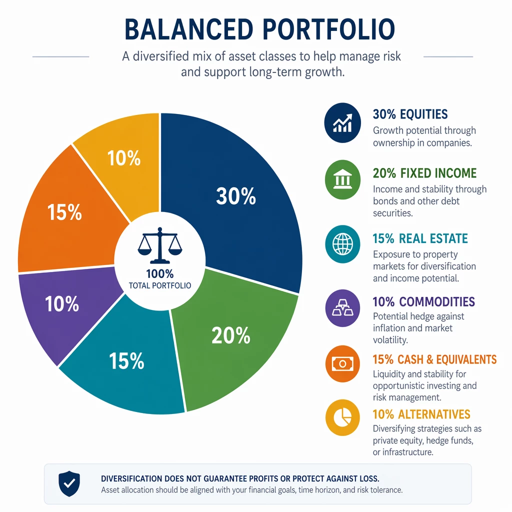 A professional visual representation of a balanced portfolio showing various asset classes represented in a pie chart structure. A professional visual representation of a balanced portfolio showing various asset classes represented in a pie chart structure.
