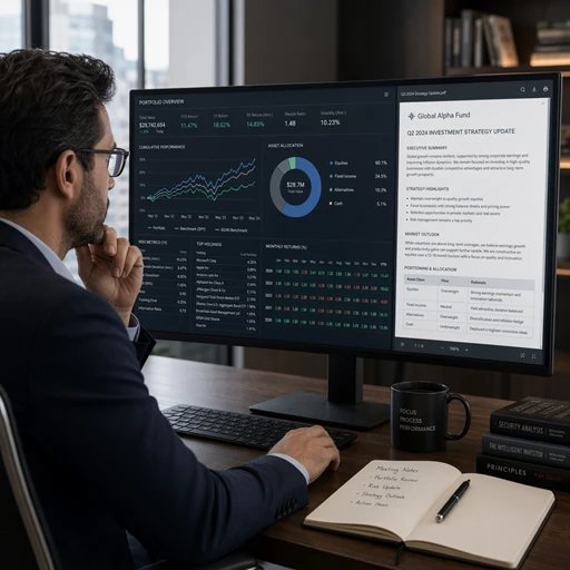 A professional investor at a computer reviewing various portfolio performance metrics and strategy documentation on a large monitor. A professional investor at a computer reviewing various portfolio performance metrics and strategy documentation on a large monitor.