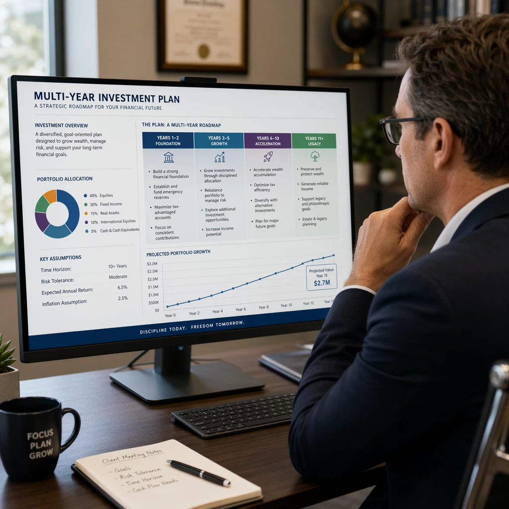A professional looking at a monitor displaying a detailed, multi-year investment plan with bullet points for long-term goals. A professional looking at a monitor displaying a detailed, multi-year investment plan with bullet points for long-term goals.