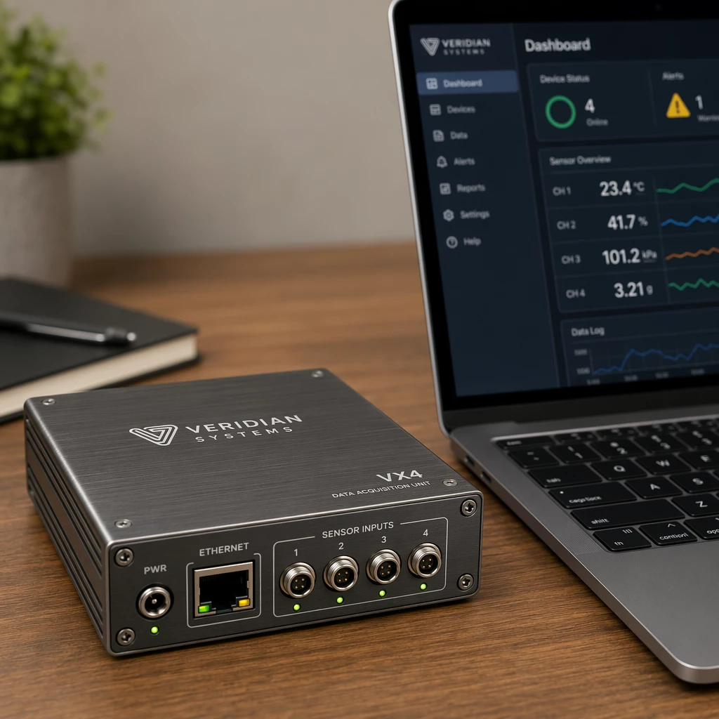 A close-up view of a metal-encased hardware device laying on a wooden desk next to a laptop displaying software dashboard A close-up view of a metal-encased hardware device laying on a wooden desk next to a laptop displaying software dashboard
