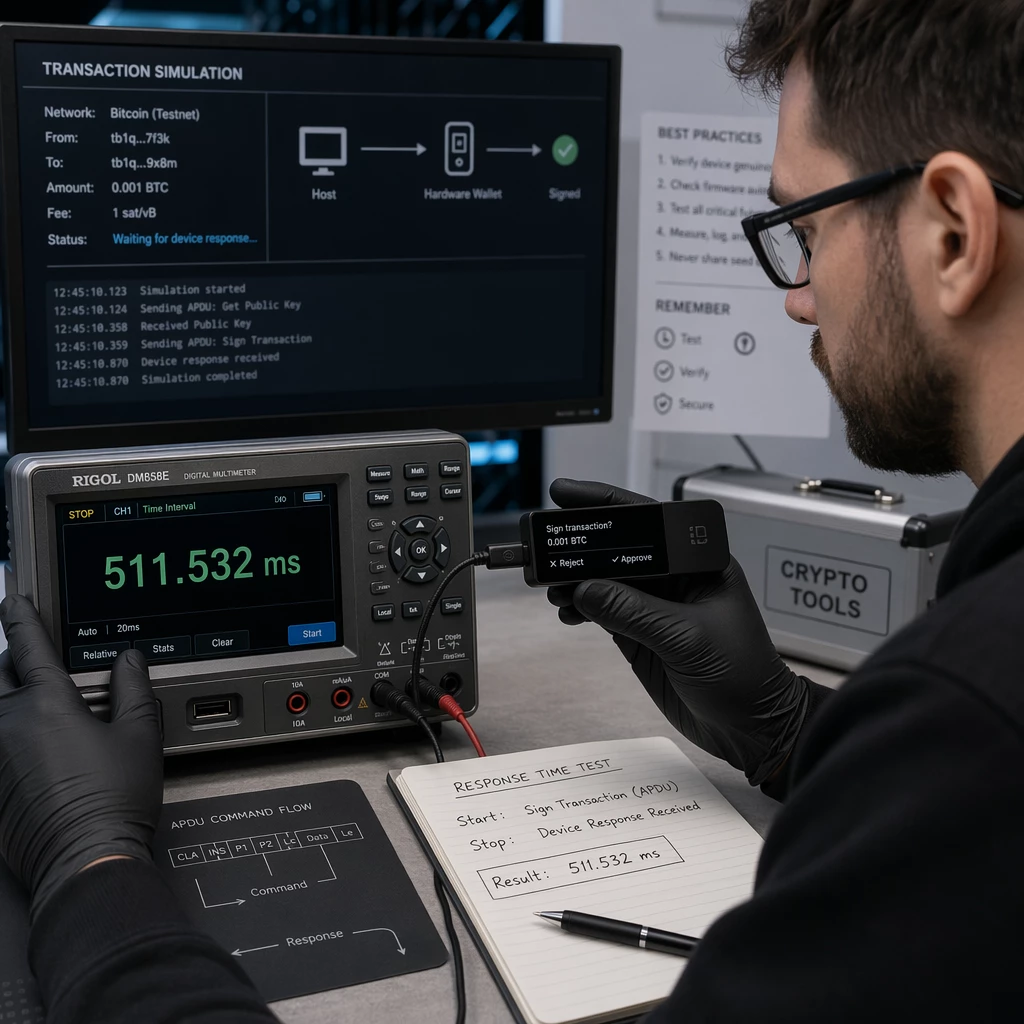 A technician using a high-precision digital tool to measure the response time of a hardware crypto wallet during a transaction simulation A technician using a high-precision digital tool to measure the response time of a hardware crypto wallet during a transaction simulation