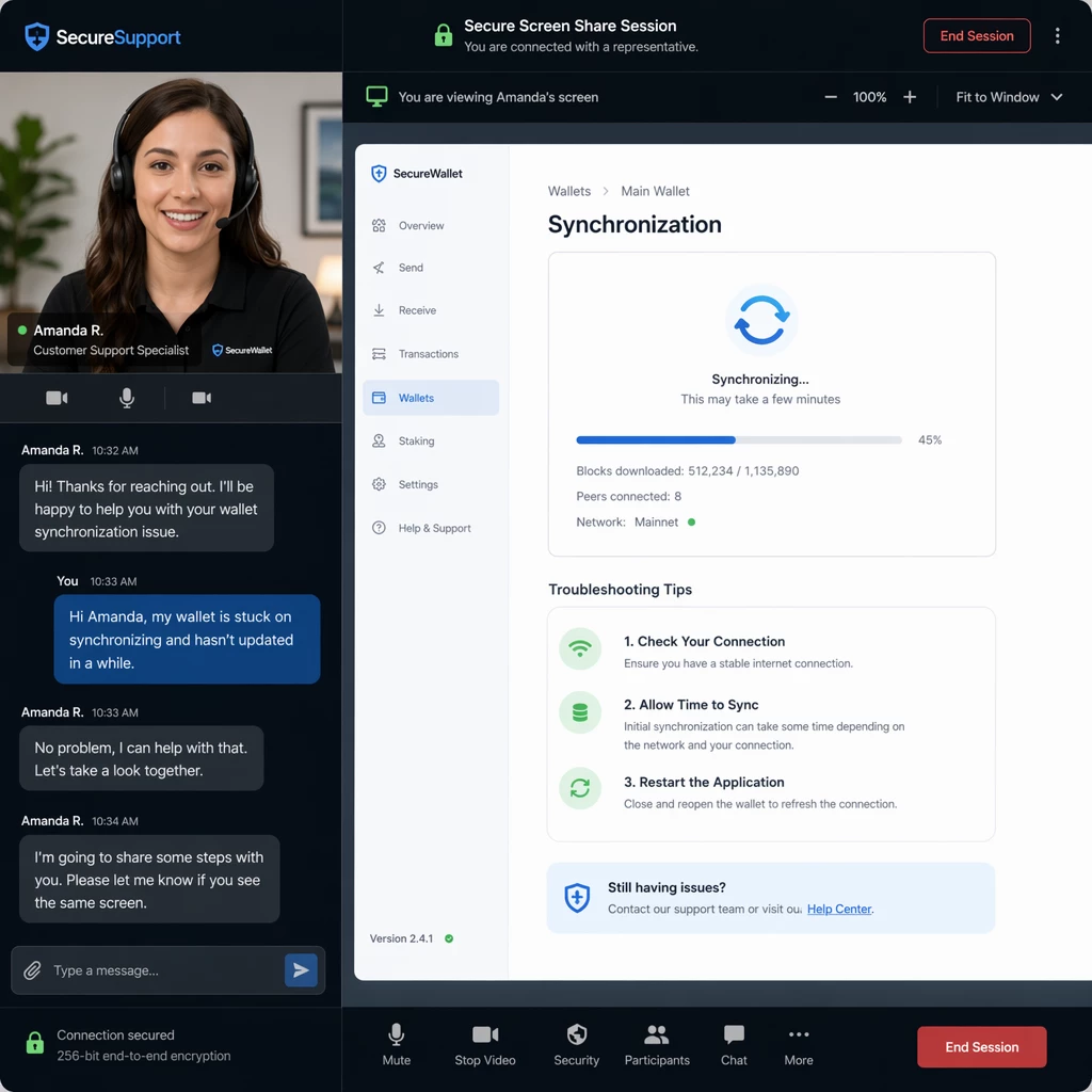 A professional customer service representative helping a user with wallet synchronization issues via a secure screen-share portal A professional customer service representative helping a user with wallet synchronization issues via a secure screen-share portal