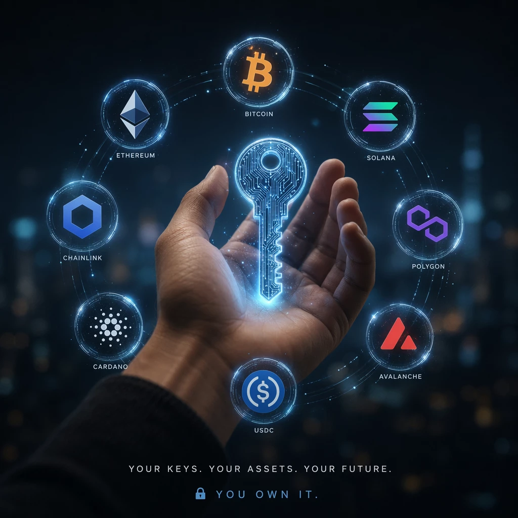 A conceptual image showing a hand holding a digital key, surrounded by floating icons of different crypto assets to symbolize personal ownership A conceptual image showing a hand holding a digital key, surrounded by floating icons of different crypto assets to symbolize personal ownership