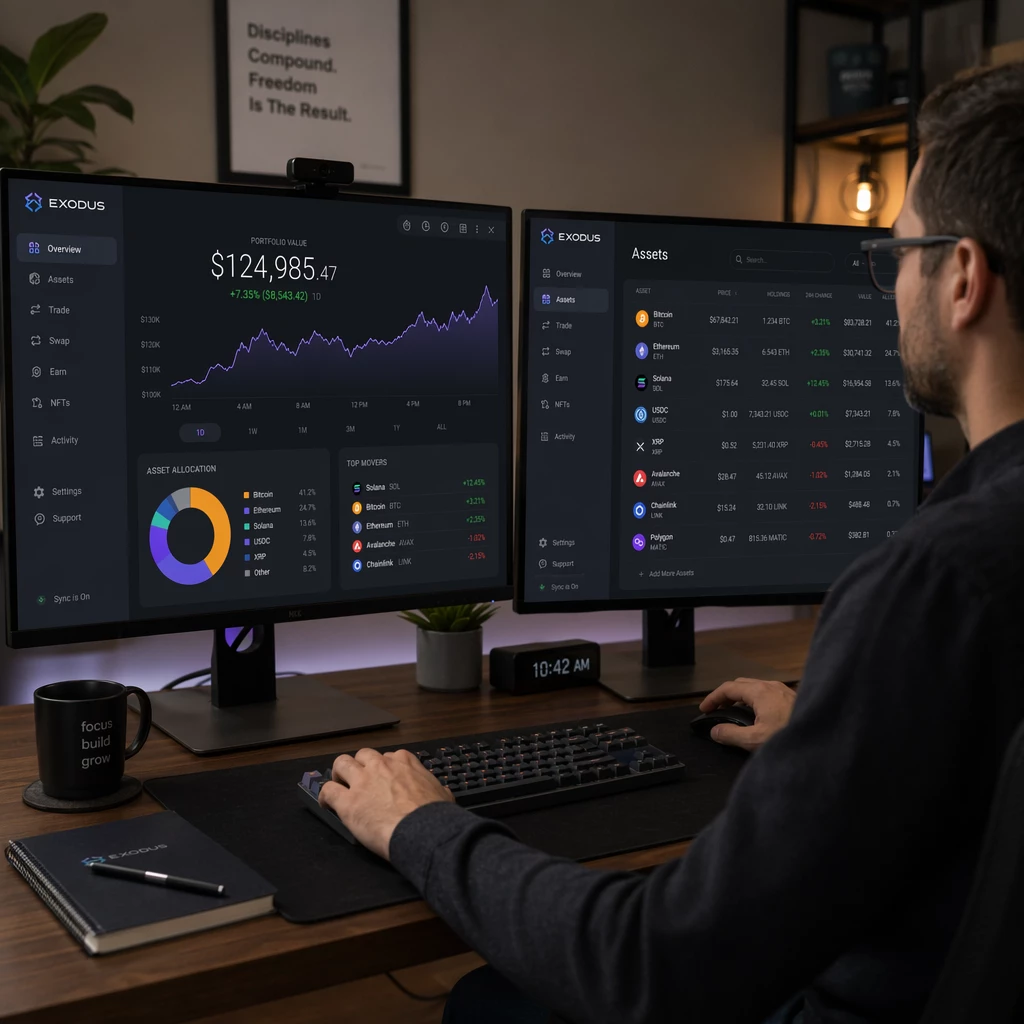 A professional user navigating the Exodus wallet dashboard on a dual-screen computer setup showing diverse portfolio performance graphs A professional user navigating the Exodus wallet dashboard on a dual-screen computer setup showing diverse portfolio performance graphs