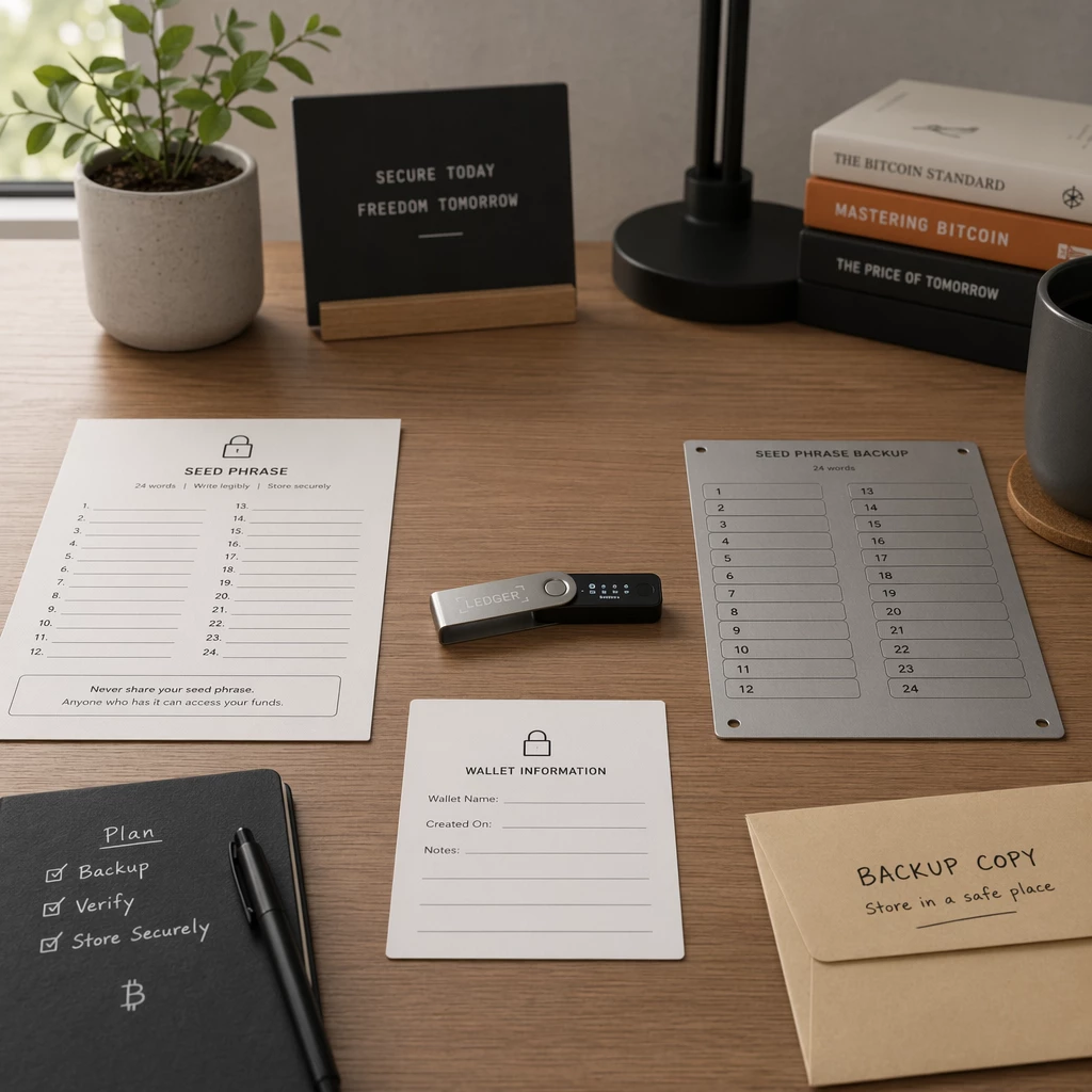 A clean, calm desk workspace with a hardware wallet in the center surrounded by organized, physical backup documents A clean, calm desk workspace with a hardware wallet in the center surrounded by organized, physical backup documents