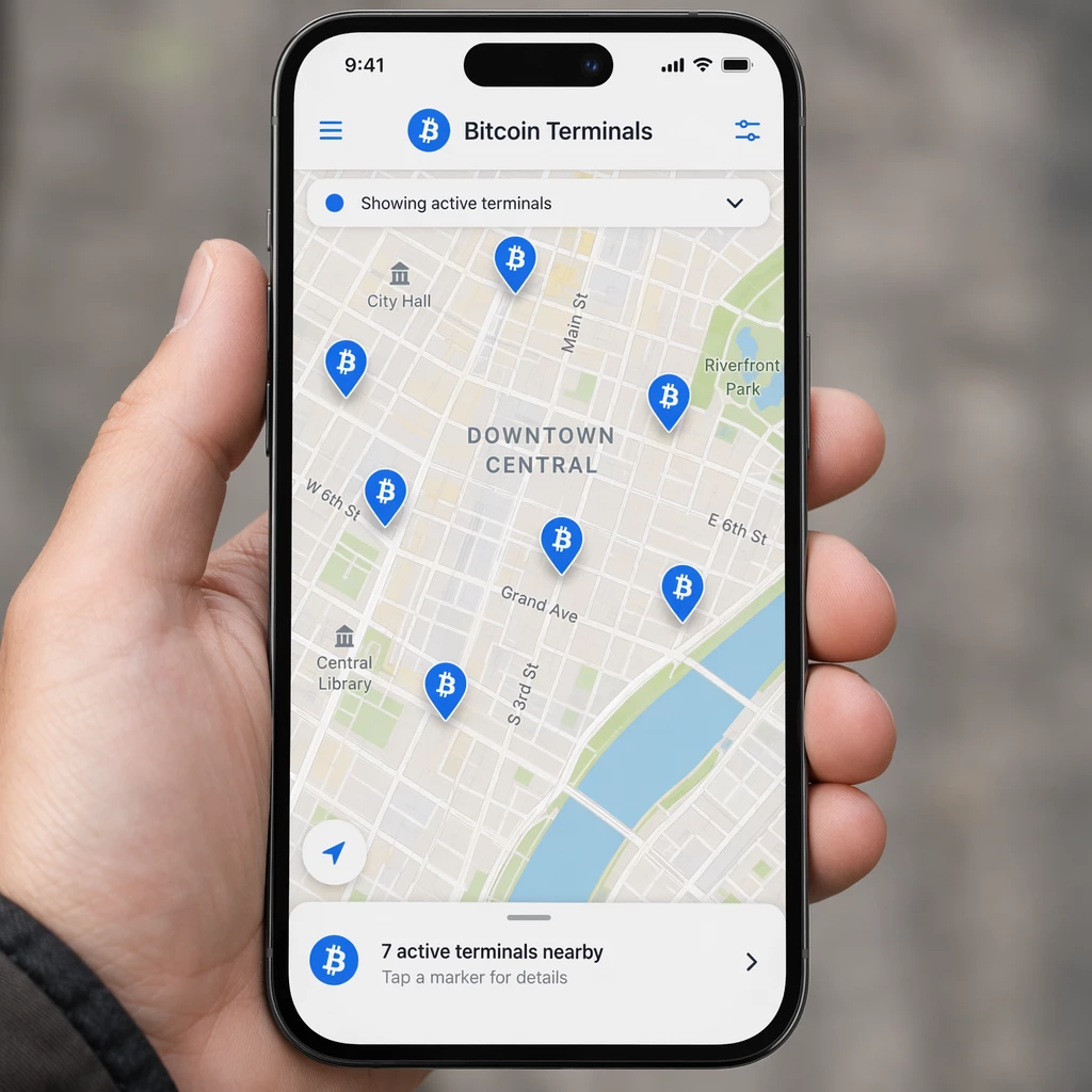 A map on a smartphone screen showing several blue markers across a downtown area indicating active Bitcoin terminal locations. A map on a smartphone screen showing several blue markers across a downtown area indicating active Bitcoin terminal locations.