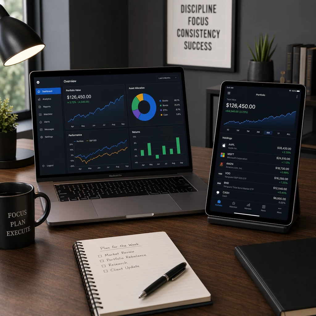 A professional desktop setup showing a laptop with multi-chart graphs and a tablet displaying a financial app. A professional desktop setup showing a laptop with multi-chart graphs and a tablet displaying a financial app.