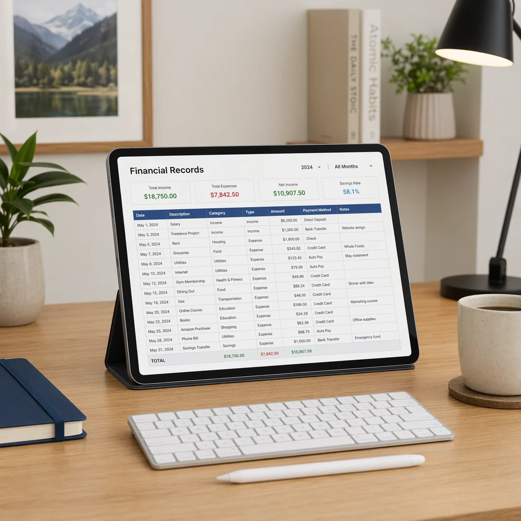 A clean home office desk with a digital tablet showing a clean, organized spreadsheet of financial records. A clean home office desk with a digital tablet showing a clean, organized spreadsheet of financial records.
