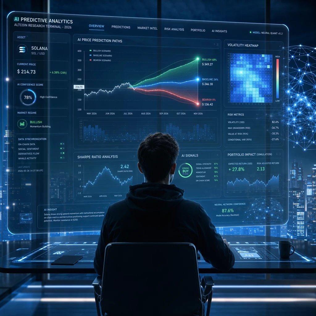 AI Predictive Analytics in Action An AI-powered altcoin research interface from 2026, transparent holographic screens showing predictive price-path cones, volatility heatmaps, and Sharpe ratio dashboards, neural network patterns glowing behind a focused trader silhouette, clean minimalist UI, cool blue and white color palette, cinematic composition, ultra-detailed, 8k --ar 16:9 AI Predictive Analytics in Action An AI-powered altcoin research interface from 2026, transparent holographic screens showing predictive price-path cones, volatility heatmaps, and Sharpe ratio dashboards, neural network patterns glowing behind a focused trader silhouette, clean minimalist UI, cool blue and white color palette, cinematic composition, ultra-detailed, 8k --ar 16:9