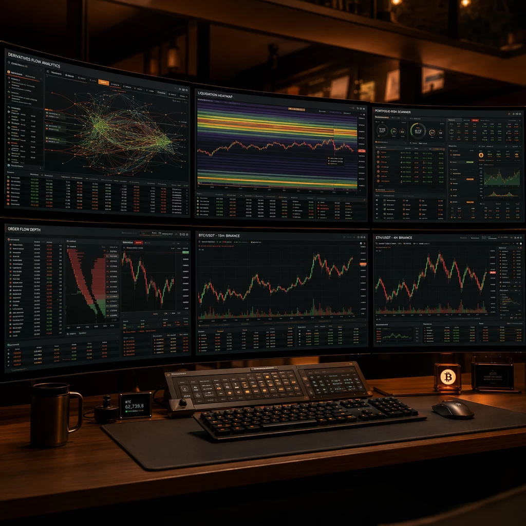 The Active Trader Command Center Close-up of a professional active trader’s multi-monitor command center, six curved ultrawide screens showing real-time derivatives flow analytics, liquidation heatmaps, portfolio risk scanners, and altcoin candlestick charts, dark-mode interfaces with orange and green data accents, moody ambient lighting, photorealistic, highly detailed --ar 16:9 The Active Trader Command Center Close-up of a professional active trader’s multi-monitor command center, six curved ultrawide screens showing real-time derivatives flow analytics, liquidation heatmaps, portfolio risk scanners, and altcoin candlestick charts, dark-mode interfaces with orange and green data accents, moody ambient lighting, photorealistic, highly detailed --ar 16:9