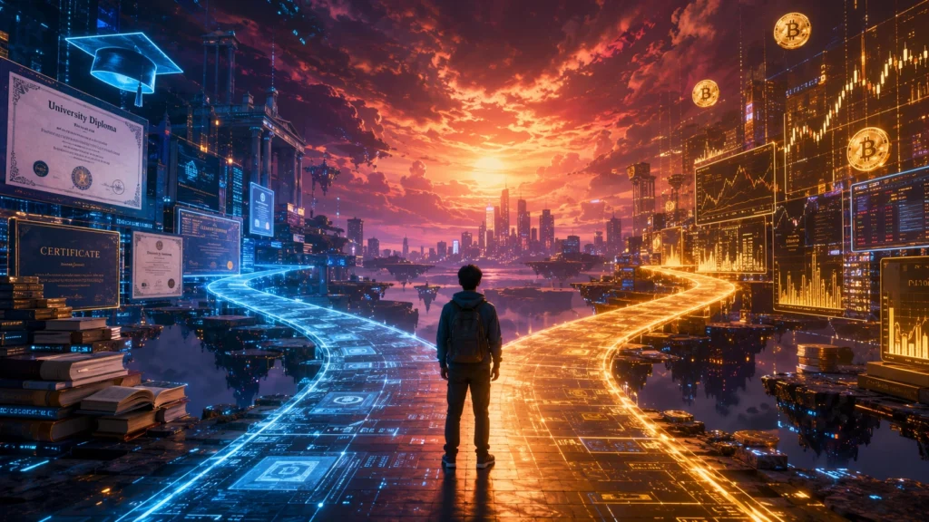 The Educational Crossroads (Suggested placement: Comparison / Verdict section)
A surreal glowing forked pathway floating in a digital landscape, the left road paved with blue academic certificates and leather-bound books, the right road lined with golden trading charts and holographic coins, a curious beginner standing at the crossroads beneath a vast neon sunset sky, cyberpunk aesthetic, epic cinematic lighting, ultra-wide angle lens, 8k, photorealistic --ar 16:9 The Educational Crossroads (Suggested placement: Comparison / Verdict section)
A surreal glowing forked pathway floating in a digital landscape, the left road paved with blue academic certificates and leather-bound books, the right road lined with golden trading charts and holographic coins, a curious beginner standing at the crossroads beneath a vast neon sunset sky, cyberpunk aesthetic, epic cinematic lighting, ultra-wide angle lens, 8k, photorealistic --ar 16:9