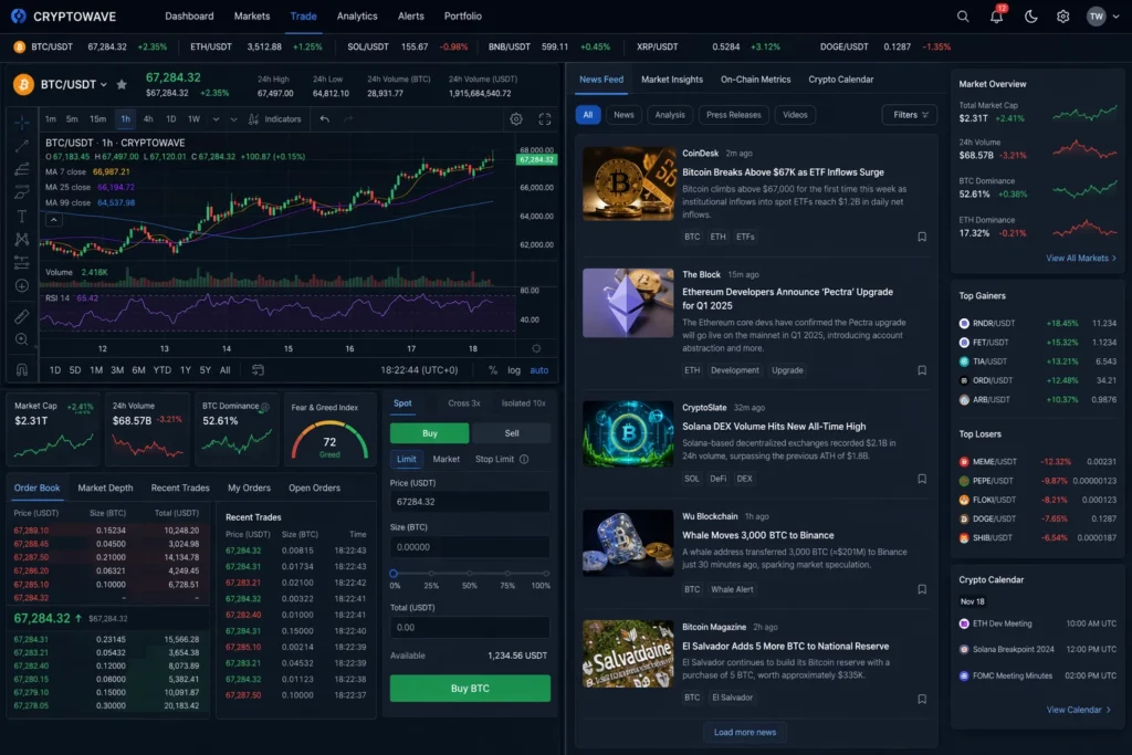 A split-screen digital dashboard displaying complex crypto analytics, trade order books, and real-time news feeds A split-screen digital dashboard displaying complex crypto analytics, trade order books, and real-time news feeds