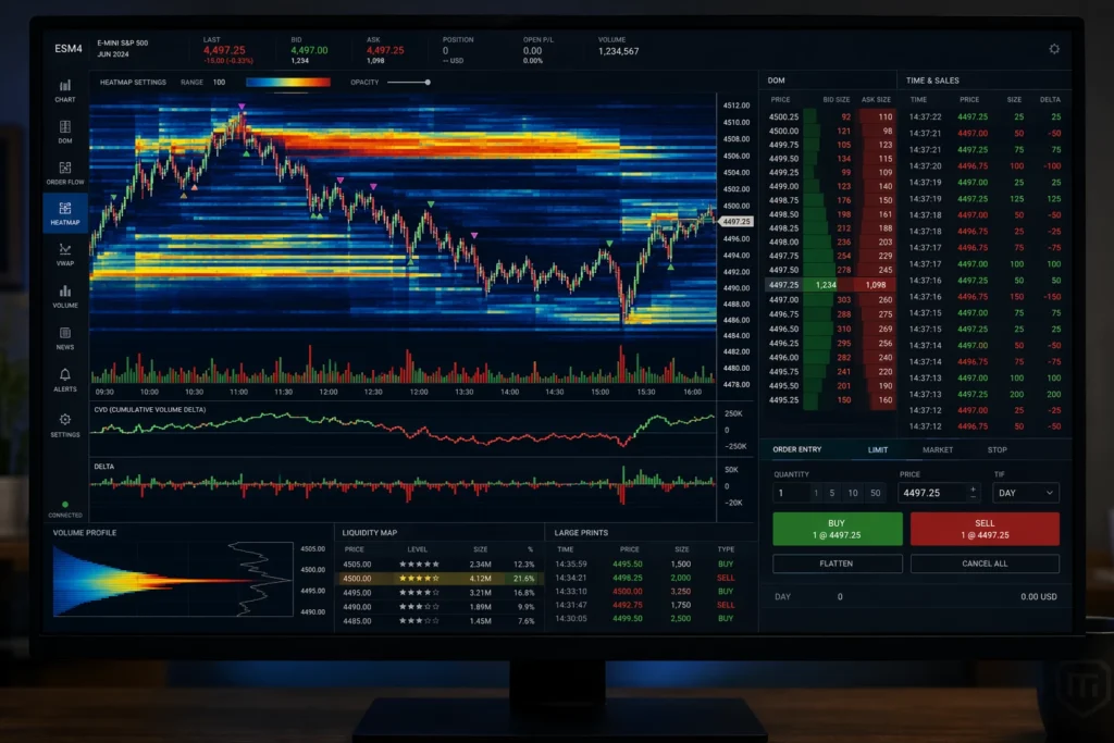 A complex heat map illustrating high-volume order flow and price action on a desktop monitor A complex heat map illustrating high-volume order flow and price action on a desktop monitor