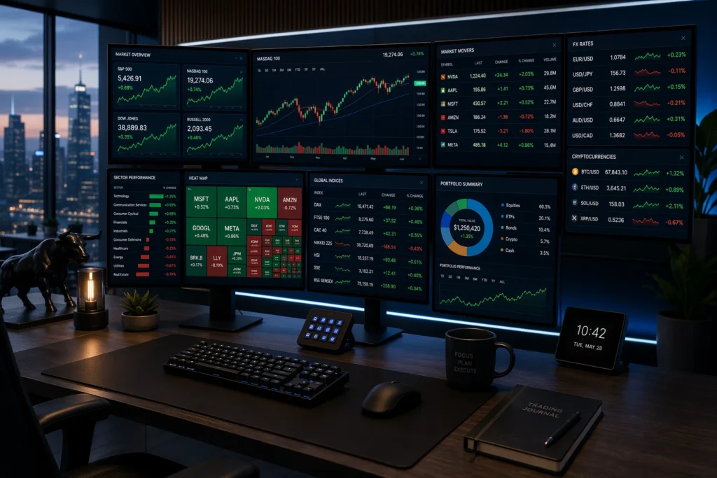 A sleek, modern workstation featuring multiple monitors showing real-time market data visualization widgets A sleek, modern workstation featuring multiple monitors showing real-time market data visualization widgets