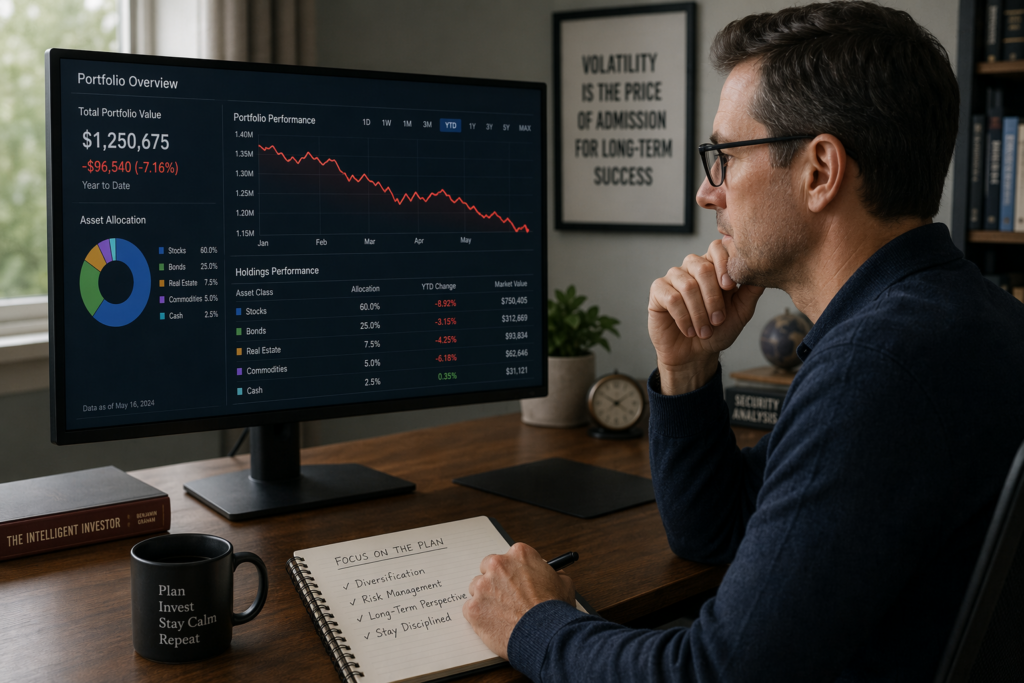A calm, methodical investor reviewing a diversified portfolio performance chart during a downward trend A calm, methodical investor reviewing a diversified portfolio performance chart during a downward trend