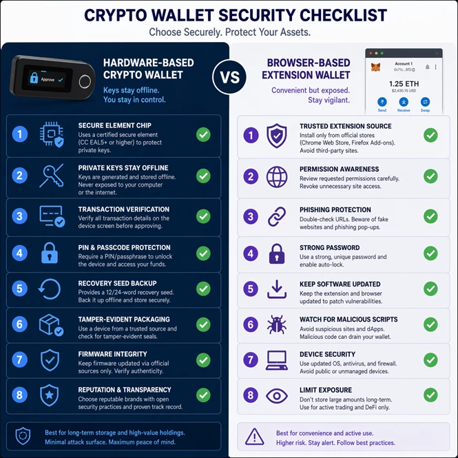 A split-screen comparison infographic showing the security checklist for choosing a hardware-based crypto wallet compared to a browser-based extension A split-screen comparison infographic showing the security checklist for choosing a hardware-based crypto wallet compared to a browser-based extension
