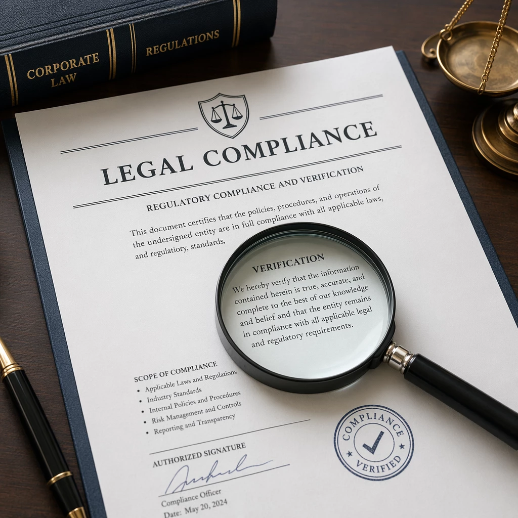 A professional legal document with a magnifying glass resting on top, signifying regulatory compliance and thorough legal verification. A professional legal document with a magnifying glass resting on top, signifying regulatory compliance and thorough legal verification.