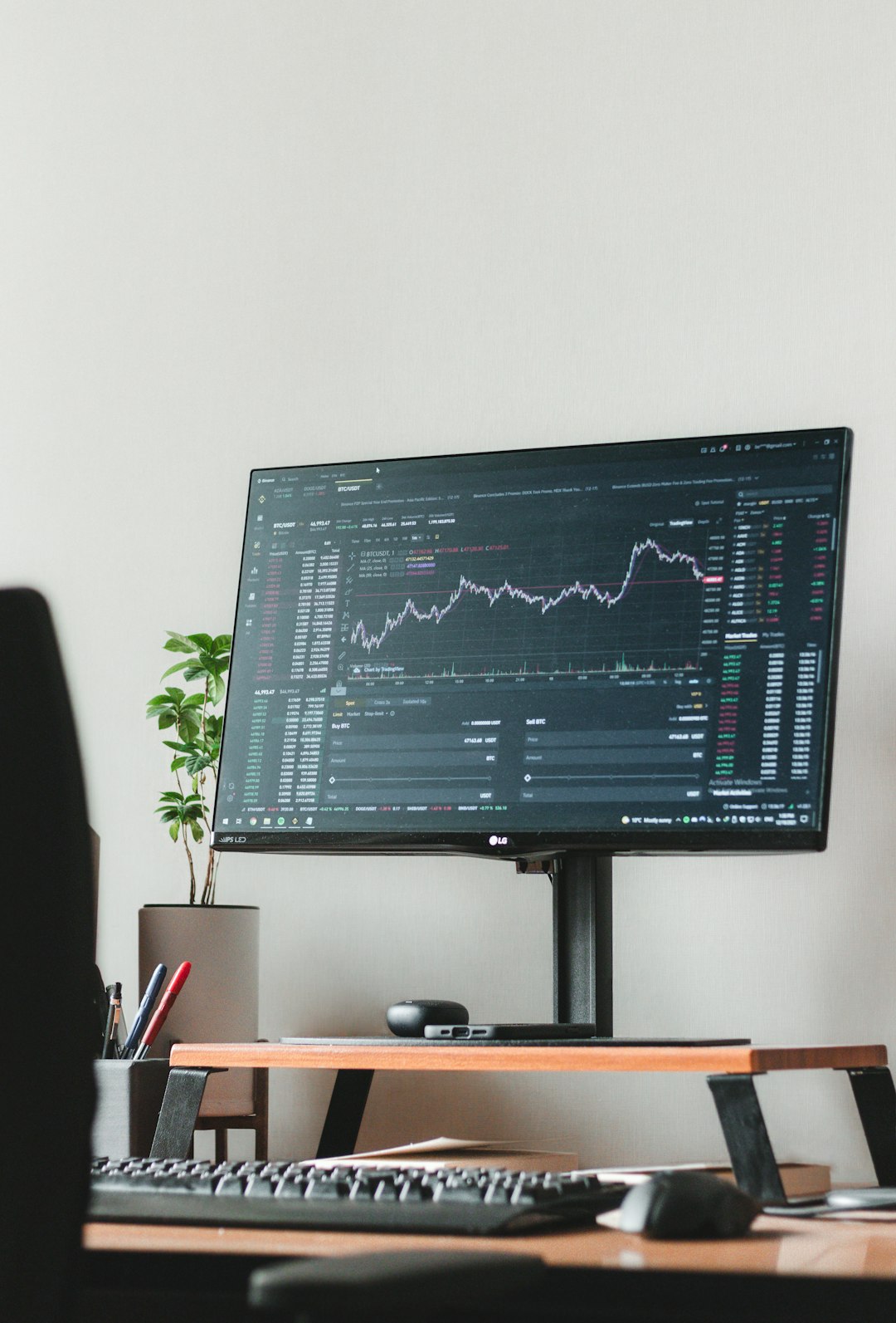 A minimalist desk setup featuring a tablet displaying complex technical analysis software, emphasizing a streamlined and efficient trading workspace. A minimalist desk setup featuring a tablet displaying complex technical analysis software, emphasizing a streamlined and efficient trading workspace.
