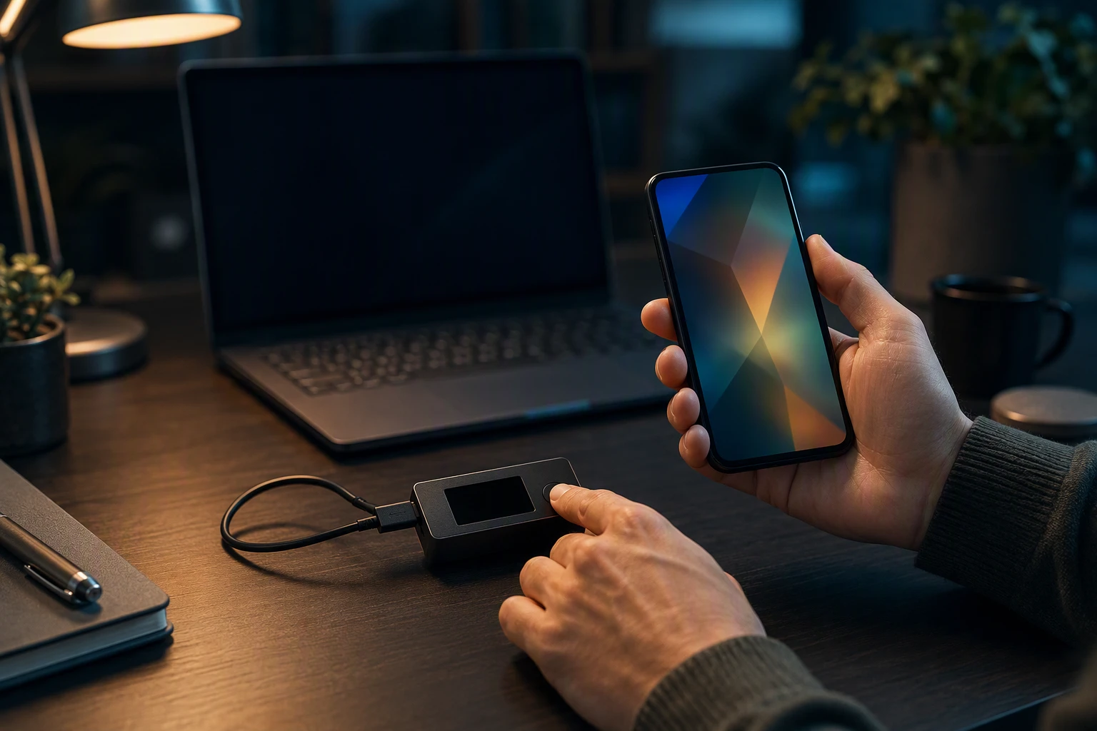 Hardware wallet secures transaction on smartphone screen Hardware wallet secures transaction on smartphone screen
