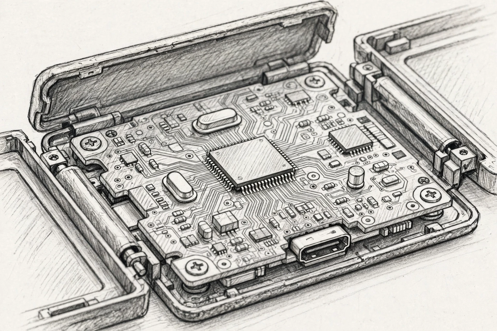 Close-up of open hardware wallet revealing security chip Close-up of open hardware wallet revealing security chip