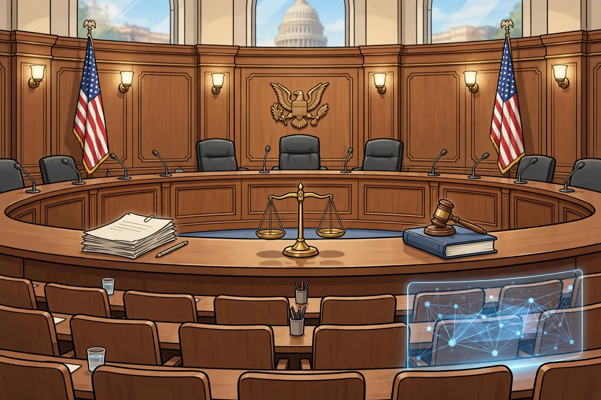 Empty Senate hearing room with microphones and flag Empty Senate hearing room with microphones and flag