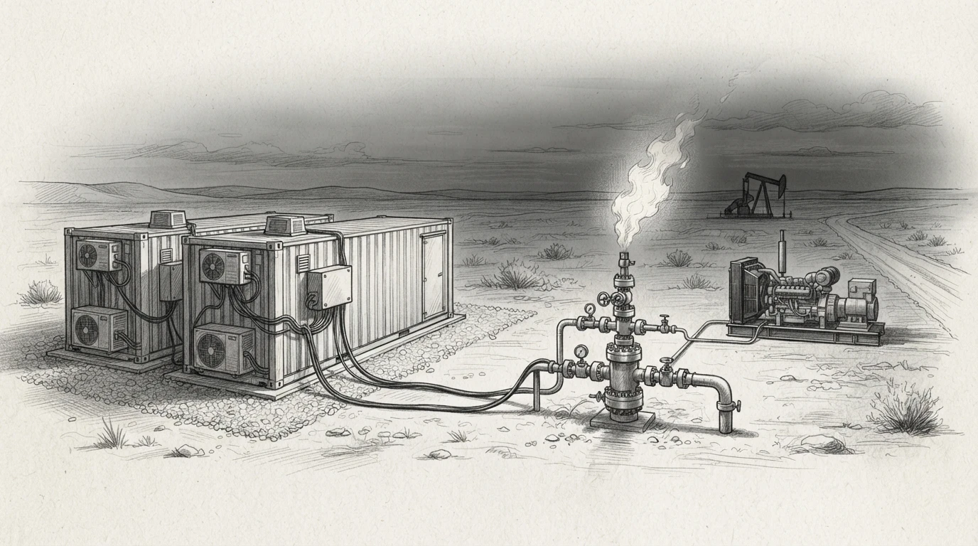 Modular mining containers beside a gas wellhead flare Modular mining containers beside a gas wellhead flare