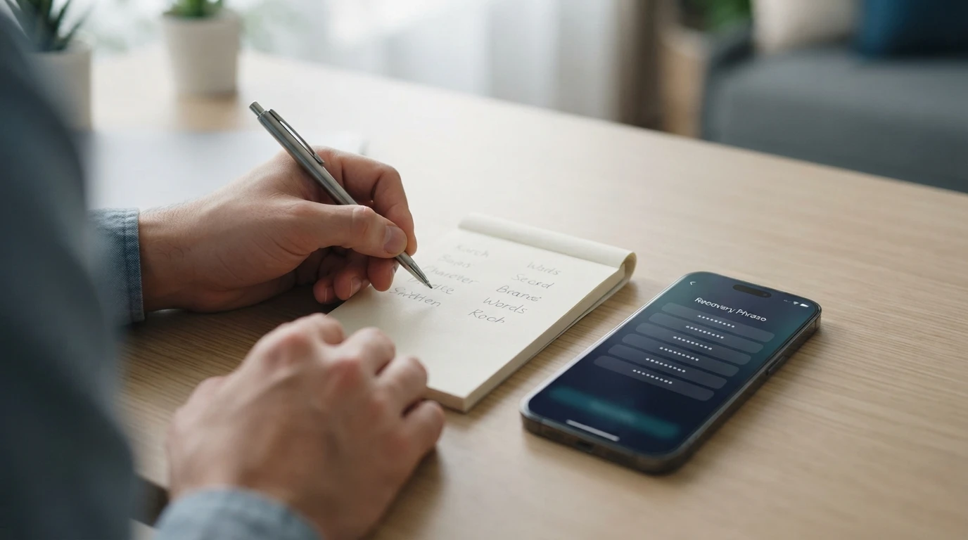 Person writing recovery phrase beside a smartphone Person writing recovery phrase beside a smartphone