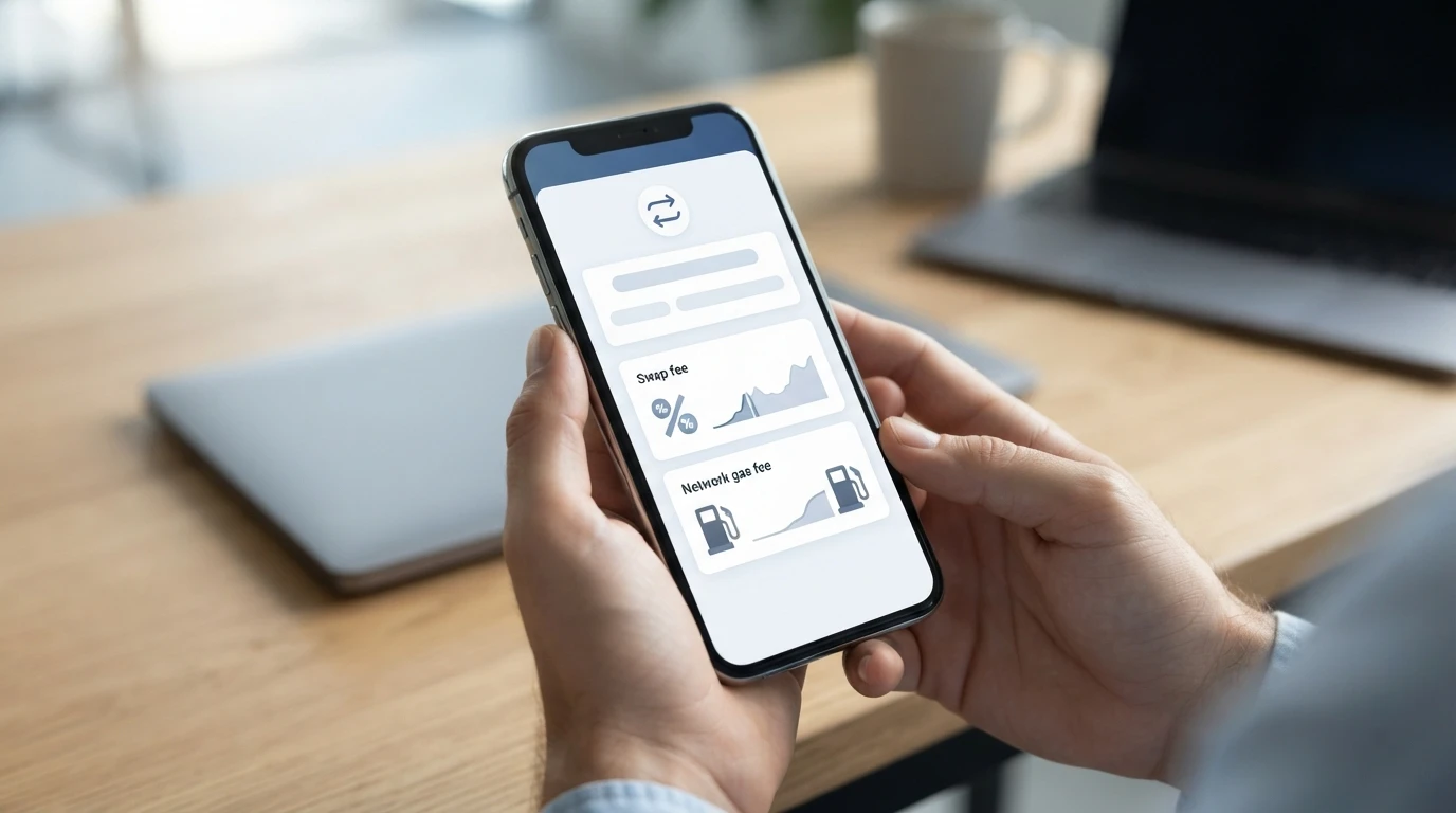 Smartphone displaying crypto swap fee breakdown Smartphone displaying crypto swap fee breakdown